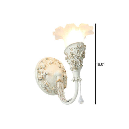 Blossom Bedroom Sconce Light Farmhouse Frosted Glass 1-Bulb Silver/Ivory Curved Arm Wall Mount Lamp with Crystal Drop Decor Clearhalo 'Wall Lamps & Sconces' 'Wall Lights' Lighting' 1617016