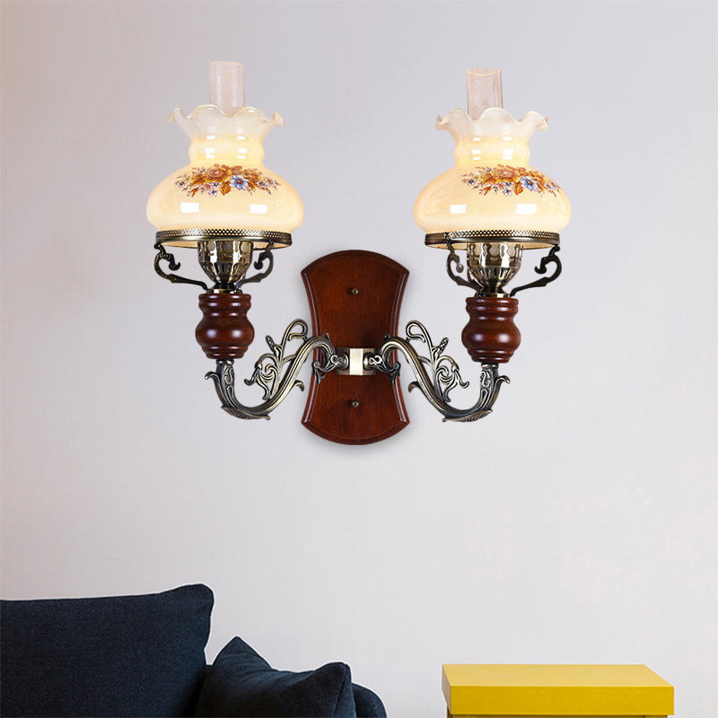 Brass 2 Bulbs Wall Sconce Light Traditional Opal Glass Purse-Like Wall Lighting Idea with Flower Pattern Bronze Clearhalo 'Wall Lamps & Sconces' 'Wall Lights' Lighting' 1617022