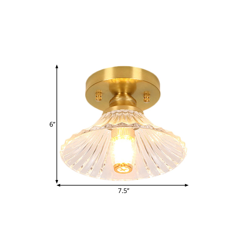 Single Bulb Ceiling Fixture Classic Cone/Lotus Leaf/Floral Clear Fluted/Lattice Glass Flush Mount Lighting in Brass, 7.5"/8"/9" Wide Clearhalo 'Ceiling Lights' 'Close To Ceiling Lights' 'Close to ceiling' 'Flush mount' Lighting' 1617054