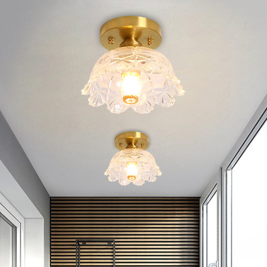 Single Bulb Ceiling Fixture Classic Cone/Lotus Leaf/Floral Clear Fluted/Lattice Glass Flush Mount Lighting in Brass, 7.5"/8"/9" Wide Brass 8" Clearhalo 'Ceiling Lights' 'Close To Ceiling Lights' 'Close to ceiling' 'Flush mount' Lighting' 1617060