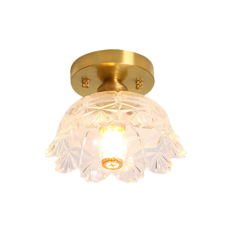 Single Bulb Ceiling Fixture Classic Cone/Lotus Leaf/Floral Clear Fluted/Lattice Glass Flush Mount Lighting in Brass, 7.5"/8"/9" Wide Clearhalo 'Ceiling Lights' 'Close To Ceiling Lights' 'Close to ceiling' 'Flush mount' Lighting' 1617063