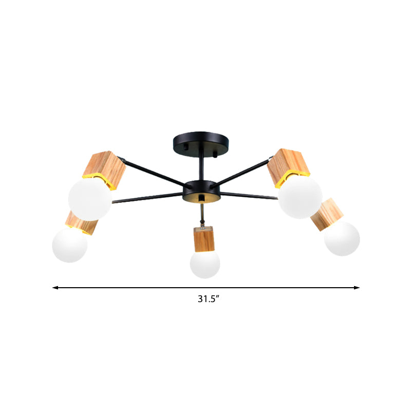 3/5-Light Ceiling Lamp Loft Industrial Open Bulb Metal Semi Flush Light in Wood for Bedroom Clearhalo 'Ceiling Lights' 'Close To Ceiling Lights' 'Close to ceiling' 'Semi-flushmount' Lighting' 161707