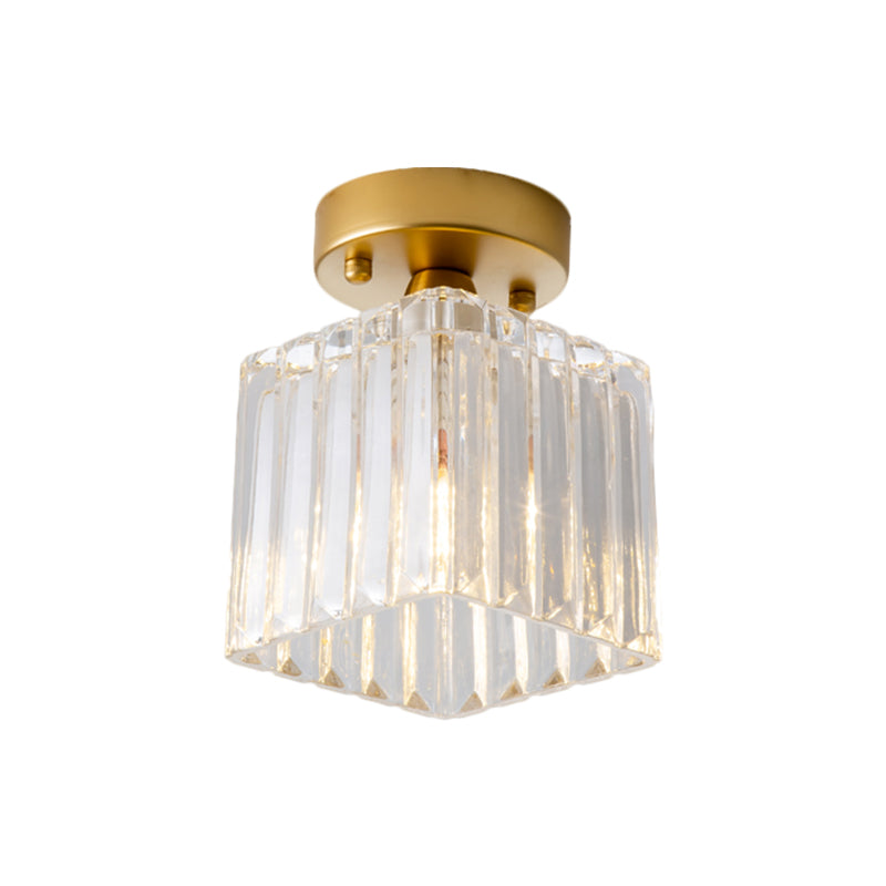 Brass 1 Bulb Flush Mount Lamp Antiqued Clear Fluted Glass Cubic Small Ceiling Fixture Clearhalo 'Ceiling Lights' 'Close To Ceiling Lights' 'Close to ceiling' 'Flush mount' Lighting' 1617075