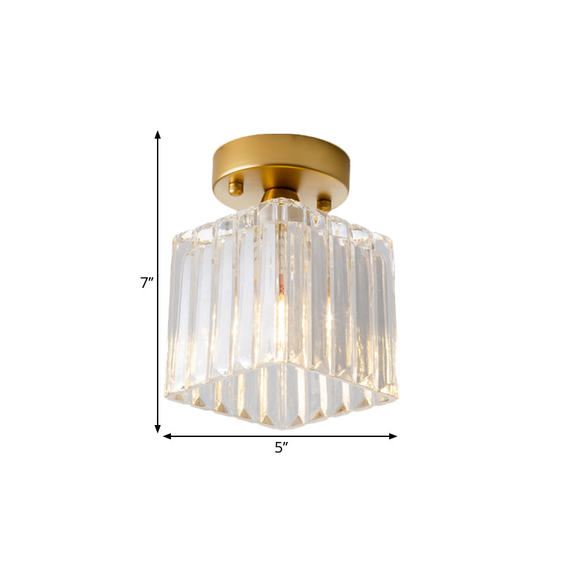 Brass 1 Bulb Flush Mount Lamp Antiqued Clear Fluted Glass Cubic Small Ceiling Fixture Clearhalo 'Ceiling Lights' 'Close To Ceiling Lights' 'Close to ceiling' 'Flush mount' Lighting' 1617076