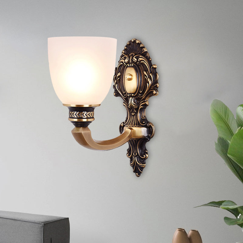 2-Head Sconce Light Country Inverted Bell White Glass Wall Lighting Fixture in Brass, 5"/14" Wide Brass 5" Clearhalo 'Wall Lamps & Sconces' 'Wall Lights' Lighting' 1617114