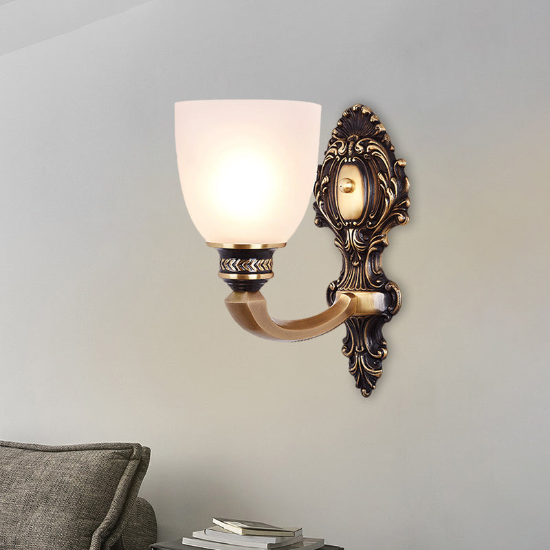 2-Head Sconce Light Country Inverted Bell White Glass Wall Lighting Fixture in Brass, 5"/14" Wide Clearhalo 'Wall Lamps & Sconces' 'Wall Lights' Lighting' 1617115