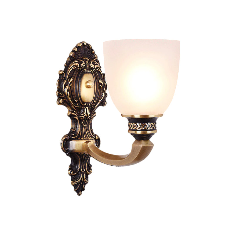 2-Head Sconce Light Country Inverted Bell White Glass Wall Lighting Fixture in Brass, 5"/14" Wide Clearhalo 'Wall Lamps & Sconces' 'Wall Lights' Lighting' 1617116