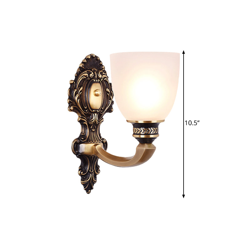 2-Head Sconce Light Country Inverted Bell White Glass Wall Lighting Fixture in Brass, 5"/14" Wide Clearhalo 'Wall Lamps & Sconces' 'Wall Lights' Lighting' 1617117