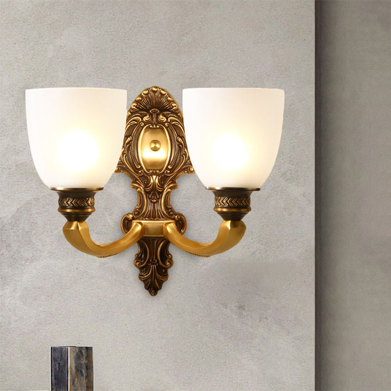 2-Head Sconce Light Country Inverted Bell White Glass Wall Lighting Fixture in Brass, 5"/14" Wide Brass 14" Clearhalo 'Wall Lamps & Sconces' 'Wall Lights' Lighting' 1617118