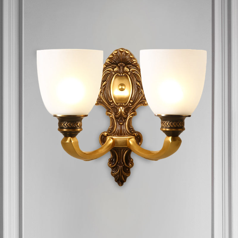 2-Head Sconce Light Country Inverted Bell White Glass Wall Lighting Fixture in Brass, 5"/14" Wide Clearhalo 'Wall Lamps & Sconces' 'Wall Lights' Lighting' 1617119