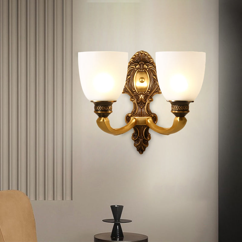 2-Head Sconce Light Country Inverted Bell White Glass Wall Lighting Fixture in Brass, 5"/14" Wide Clearhalo 'Wall Lamps & Sconces' 'Wall Lights' Lighting' 1617120