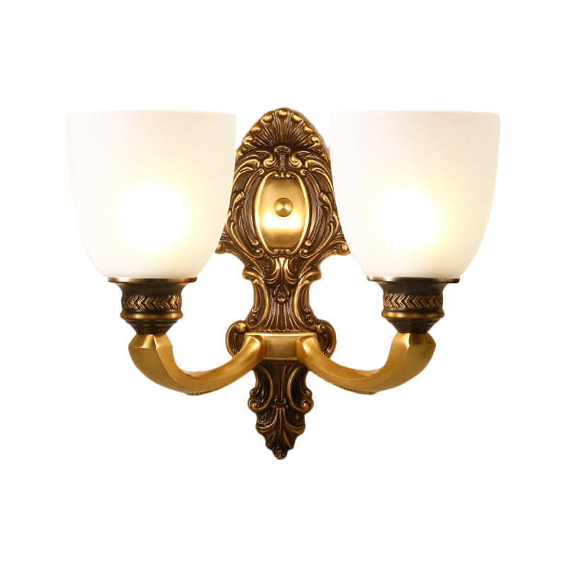 2-Head Sconce Light Country Inverted Bell White Glass Wall Lighting Fixture in Brass, 5"/14" Wide Clearhalo 'Wall Lamps & Sconces' 'Wall Lights' Lighting' 1617121