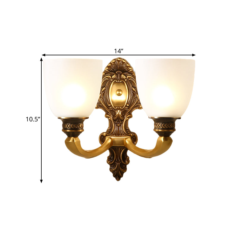 2-Head Sconce Light Country Inverted Bell White Glass Wall Lighting Fixture in Brass, 5"/14" Wide Clearhalo 'Wall Lamps & Sconces' 'Wall Lights' Lighting' 1617122