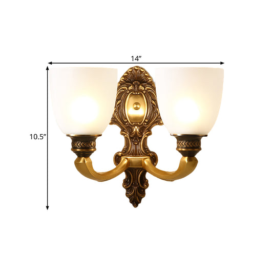 2-Head Sconce Light Country Inverted Bell White Glass Wall Lighting Fixture in Brass, 5"/14" Wide Clearhalo 'Wall Lamps & Sconces' 'Wall Lights' Lighting' 1617122