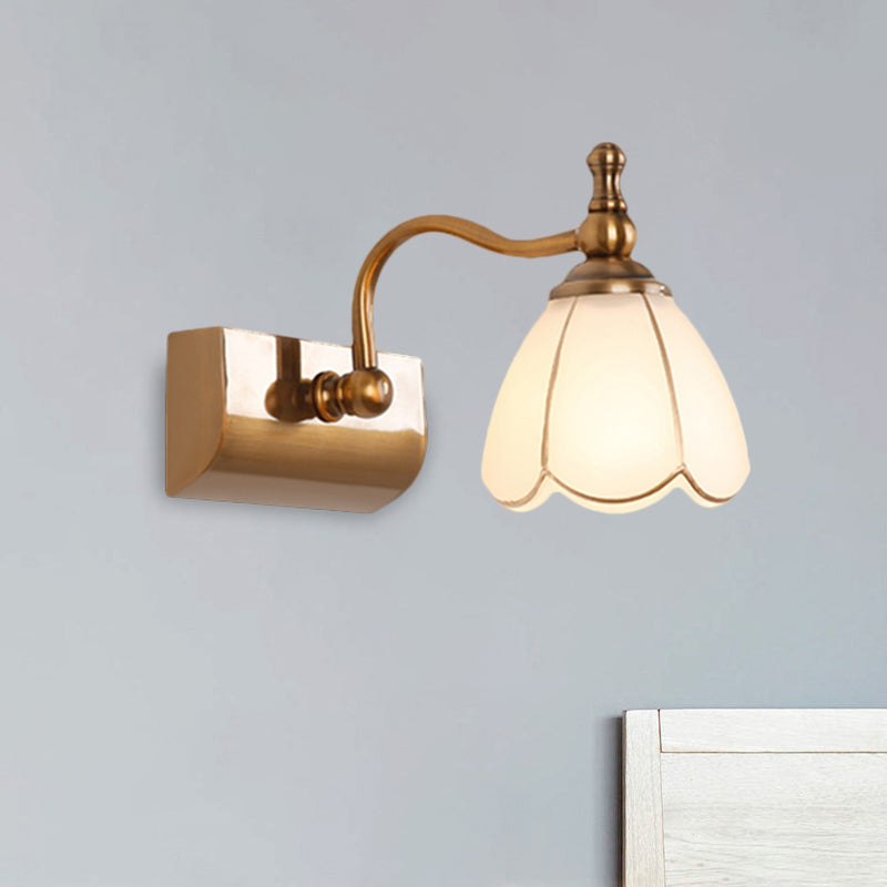 White Glass Brass Vanity Lamp Scalloped 1/2-Light Rustic Style Wall Mounted Lighting with Curved Arm 1.0 Brass Clearhalo 'Vanity Lights' 'Wall Lights' Lighting' 1617127