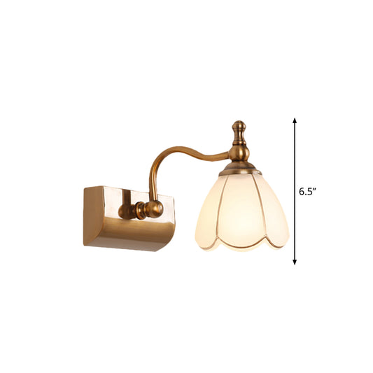 White Glass Brass Vanity Lamp Scalloped 1/2-Light Rustic Style Wall Mounted Lighting with Curved Arm Clearhalo 'Vanity Lights' 'Wall Lights' Lighting' 1617130