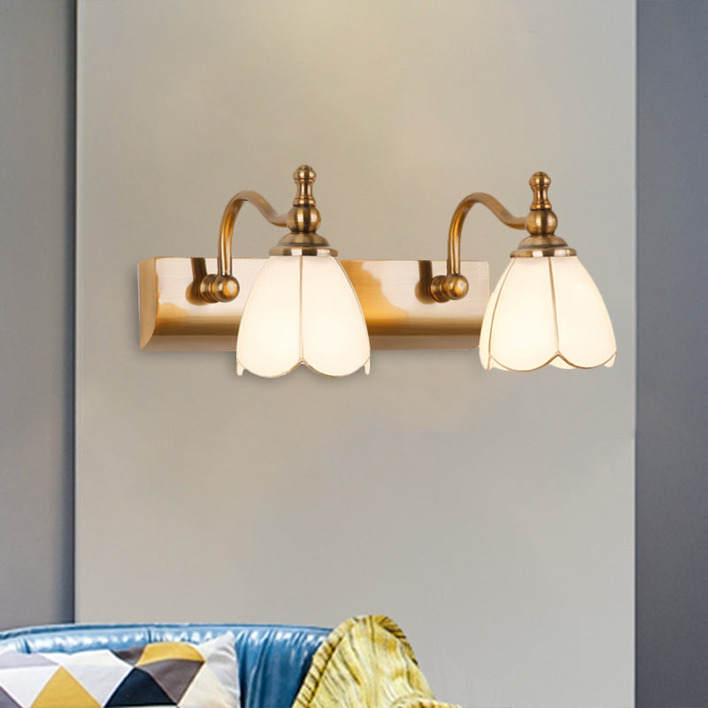 White Glass Brass Vanity Lamp Scalloped 1/2-Light Rustic Style Wall Mounted Lighting with Curved Arm 2.0 Brass Clearhalo 'Vanity Lights' 'Wall Lights' Lighting' 1617131