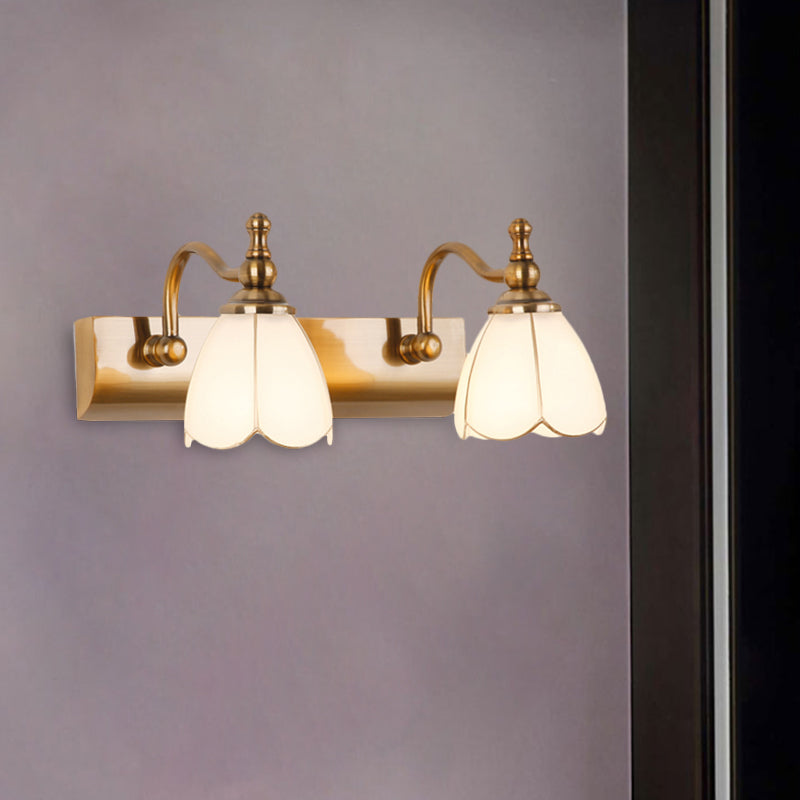 White Glass Brass Vanity Lamp Scalloped 1/2-Light Rustic Style Wall Mounted Lighting with Curved Arm Clearhalo 'Vanity Lights' 'Wall Lights' Lighting' 1617133