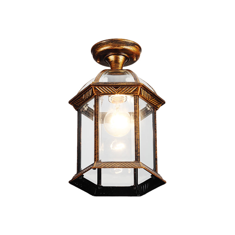 Clear Glass Black/Brass Ceiling Flush Lantern Cage Single Bulb Traditional Semi Mount Lighting, 8"/9.5" Wide Clearhalo 'Ceiling Lights' 'Close To Ceiling Lights' 'Close to ceiling' 'Glass shade' 'Glass' 'Semi-flushmount' Lighting' 1617164