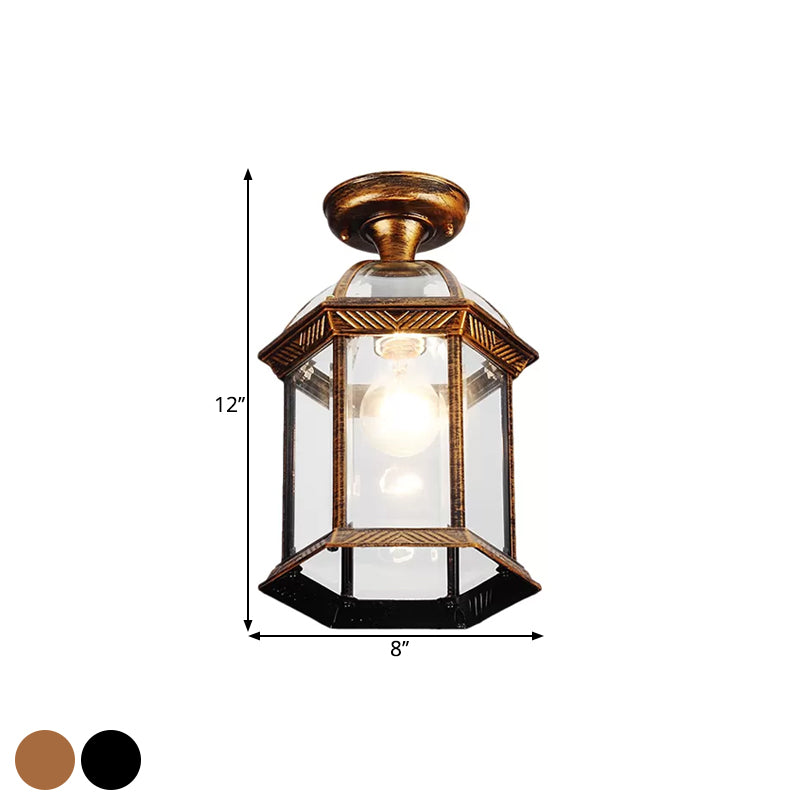 Clear Glass Black/Brass Ceiling Flush Lantern Cage Single Bulb Traditional Semi Mount Lighting, 8"/9.5" Wide Clearhalo 'Ceiling Lights' 'Close To Ceiling Lights' 'Close to ceiling' 'Glass shade' 'Glass' 'Semi-flushmount' Lighting' 1617165