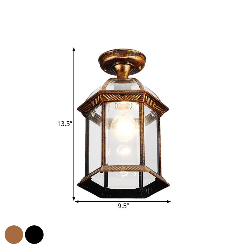 Clear Glass Black/Brass Ceiling Flush Lantern Cage Single Bulb Traditional Semi Mount Lighting, 8"/9.5" Wide Clearhalo 'Ceiling Lights' 'Close To Ceiling Lights' 'Close to ceiling' 'Glass shade' 'Glass' 'Semi-flushmount' Lighting' 1617166