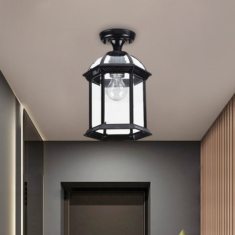 Clear Glass Black/Brass Ceiling Flush Lantern Cage Single Bulb Traditional Semi Mount Lighting, 8"/9.5" Wide Black Clearhalo 'Ceiling Lights' 'Close To Ceiling Lights' 'Close to ceiling' 'Glass shade' 'Glass' 'Semi-flushmount' Lighting' 1617167