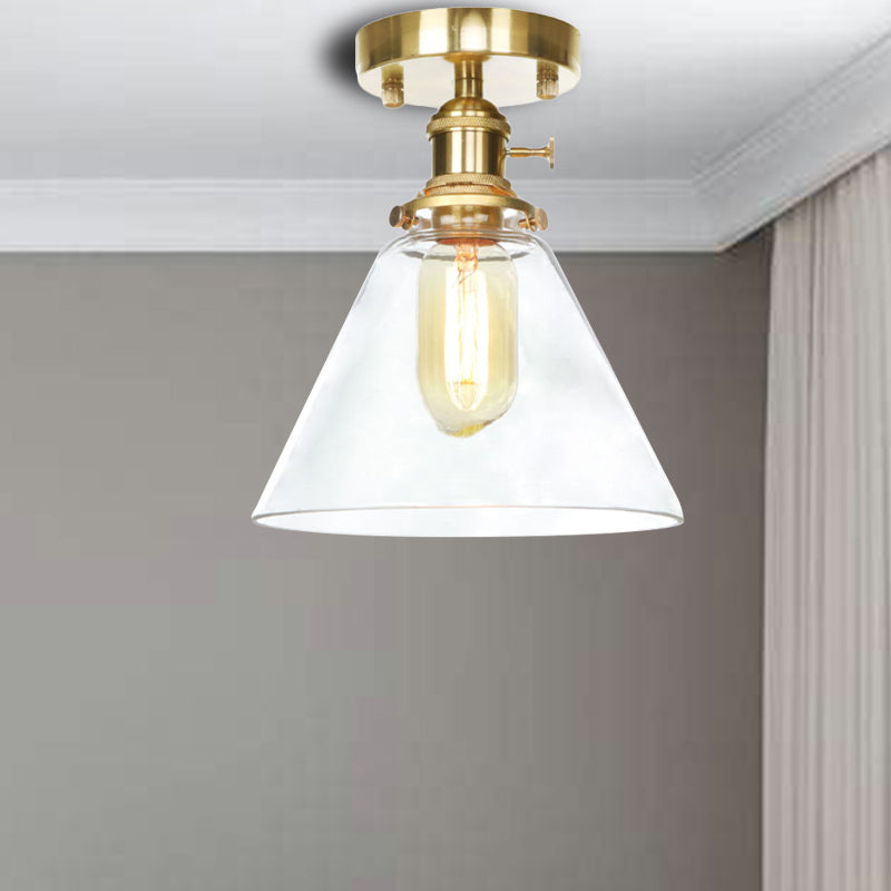 1 Light Ceiling Light Fixture with Cone/Saucer/Bell Shade Clear/Amber Glass Industrial Living Room Semi Flush Clear Cone Clearhalo 'Ceiling Lights' 'Close To Ceiling Lights' 'Close to ceiling' 'Glass shade' 'Glass' 'Pendant Lights' 'Semi-flushmount' Lighting' 161717