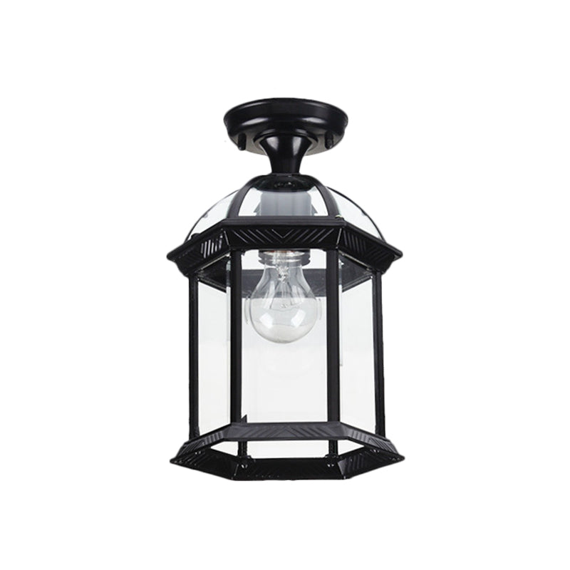 Clear Glass Black/Brass Ceiling Flush Lantern Cage Single Bulb Traditional Semi Mount Lighting, 8"/9.5" Wide Clearhalo 'Ceiling Lights' 'Close To Ceiling Lights' 'Close to ceiling' 'Glass shade' 'Glass' 'Semi-flushmount' Lighting' 1617170