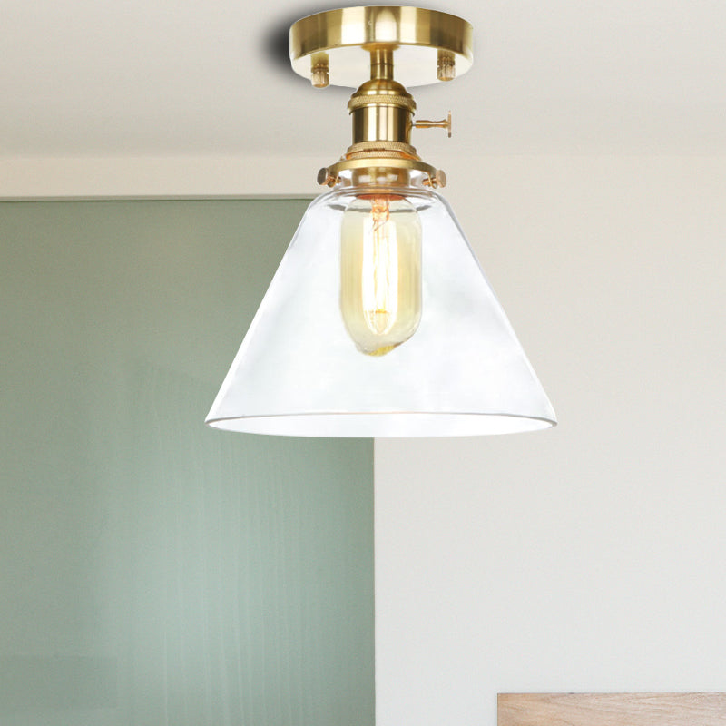 1 Light Ceiling Light Fixture with Cone/Saucer/Bell Shade Clear/Amber Glass Industrial Living Room Semi Flush Clearhalo 'Ceiling Lights' 'Close To Ceiling Lights' 'Close to ceiling' 'Glass shade' 'Glass' 'Pendant Lights' 'Semi-flushmount' Lighting' 161718