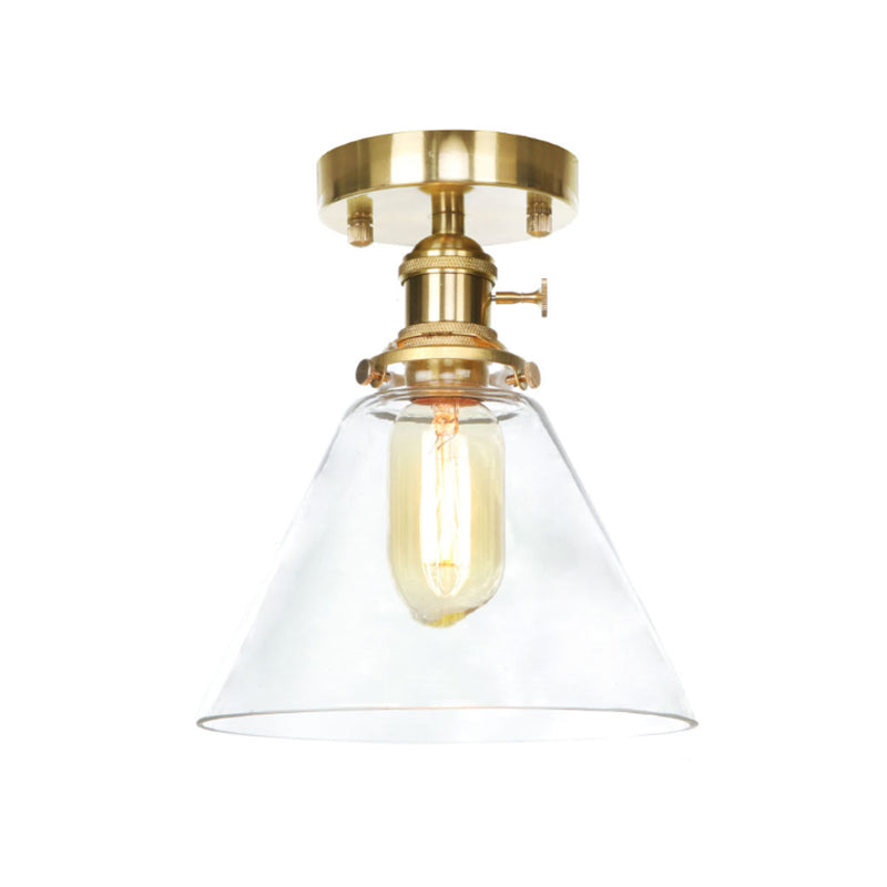 1 Light Ceiling Light Fixture with Cone/Saucer/Bell Shade Clear/Amber Glass Industrial Living Room Semi Flush Clearhalo 'Ceiling Lights' 'Close To Ceiling Lights' 'Close to ceiling' 'Glass shade' 'Glass' 'Pendant Lights' 'Semi-flushmount' Lighting' 161719