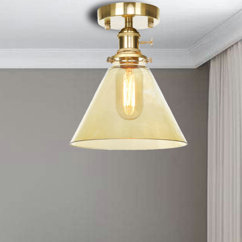 1 Light Ceiling Light Fixture with Cone/Saucer/Bell Shade Clear/Amber Glass Industrial Living Room Semi Flush Amber Cone Clearhalo 'Ceiling Lights' 'Close To Ceiling Lights' 'Close to ceiling' 'Glass shade' 'Glass' 'Pendant Lights' 'Semi-flushmount' Lighting' 161721
