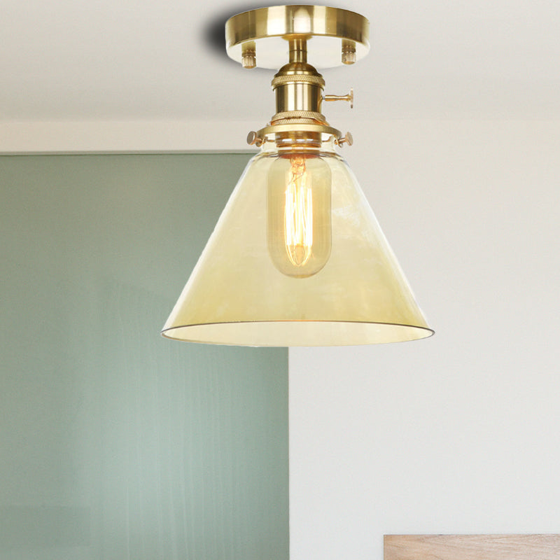1 Light Ceiling Light Fixture with Cone/Saucer/Bell Shade Clear/Amber Glass Industrial Living Room Semi Flush Clearhalo 'Ceiling Lights' 'Close To Ceiling Lights' 'Close to ceiling' 'Glass shade' 'Glass' 'Pendant Lights' 'Semi-flushmount' Lighting' 161722