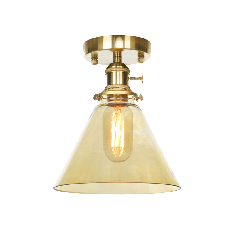 1 Light Ceiling Light Fixture with Cone/Saucer/Bell Shade Clear/Amber Glass Industrial Living Room Semi Flush Clearhalo 'Ceiling Lights' 'Close To Ceiling Lights' 'Close to ceiling' 'Glass shade' 'Glass' 'Pendant Lights' 'Semi-flushmount' Lighting' 161723