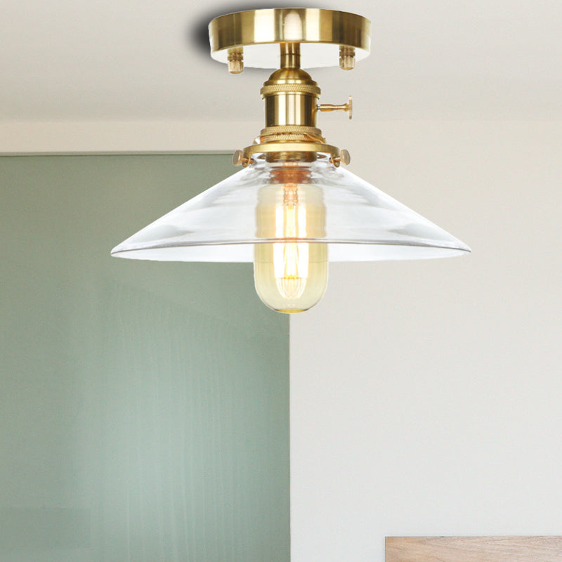 1 Light Ceiling Light Fixture with Cone/Saucer/Bell Shade Clear/Amber Glass Industrial Living Room Semi Flush Clearhalo 'Ceiling Lights' 'Close To Ceiling Lights' 'Close to ceiling' 'Glass shade' 'Glass' 'Pendant Lights' 'Semi-flushmount' Lighting' 161725