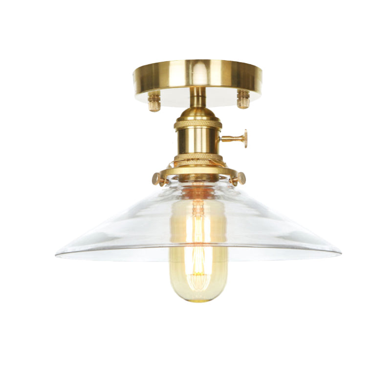 1 Light Ceiling Light Fixture with Cone/Saucer/Bell Shade Clear/Amber Glass Industrial Living Room Semi Flush Clearhalo 'Ceiling Lights' 'Close To Ceiling Lights' 'Close to ceiling' 'Glass shade' 'Glass' 'Pendant Lights' 'Semi-flushmount' Lighting' 161726