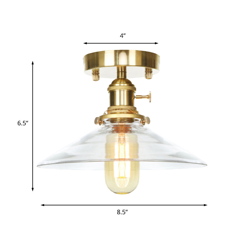 1 Light Ceiling Light Fixture with Cone/Saucer/Bell Shade Clear/Amber Glass Industrial Living Room Semi Flush Clearhalo 'Ceiling Lights' 'Close To Ceiling Lights' 'Close to ceiling' 'Glass shade' 'Glass' 'Pendant Lights' 'Semi-flushmount' Lighting' 161727