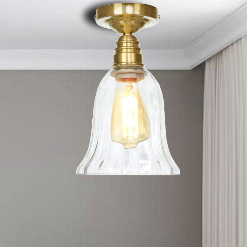 1 Light Ceiling Light Fixture with Cone/Saucer/Bell Shade Clear/Amber Glass Industrial Living Room Semi Flush Clear Bell Clearhalo 'Ceiling Lights' 'Close To Ceiling Lights' 'Close to ceiling' 'Glass shade' 'Glass' 'Pendant Lights' 'Semi-flushmount' Lighting' 161728