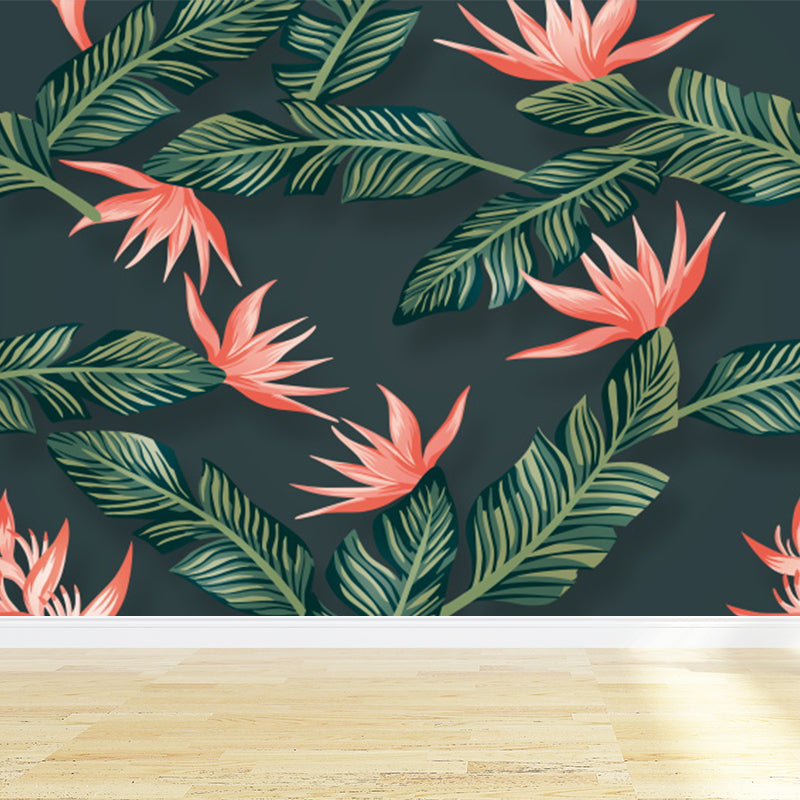 Tropical Flowers and Leaves Mural for Girls Bedroom Personalised Wall Decor in Green Green Clearhalo 'Wall Decor' 'Wall Mural' 1617767