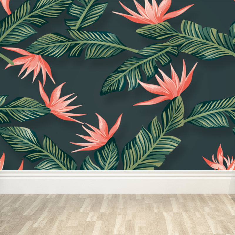 Tropical Flowers and Leaves Mural for Girls Bedroom Personalised Wall Decor in Green Clearhalo 'Wall Decor' 'Wall Mural' 1617768