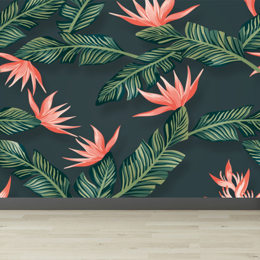 Tropical Flowers and Leaves Mural for Girls Bedroom Personalised Wall Decor in Green Clearhalo 'Wall Decor' 'Wall Mural' 1617769