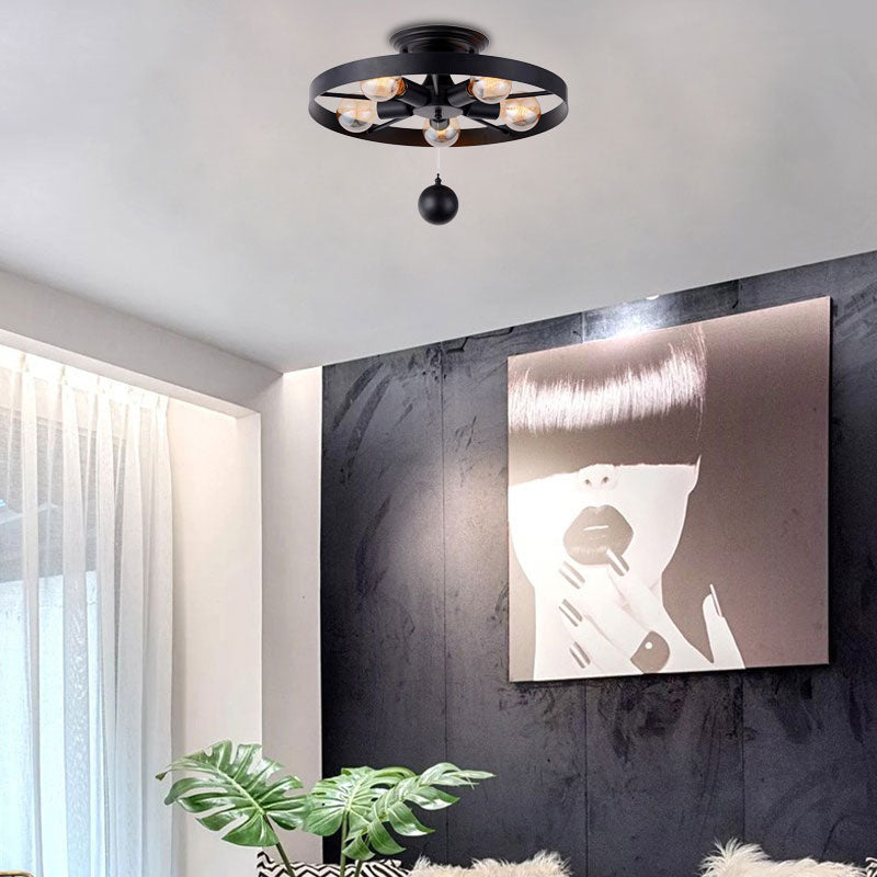 Industrial Style Wheel Semi Flush Light with Ball Decoration 5 Lights Metal Ceiling Light Fixture in Black Black Clearhalo 'Ceiling Lights' 'Close To Ceiling Lights' 'Close to ceiling' 'Semi-flushmount' Lighting' 161783