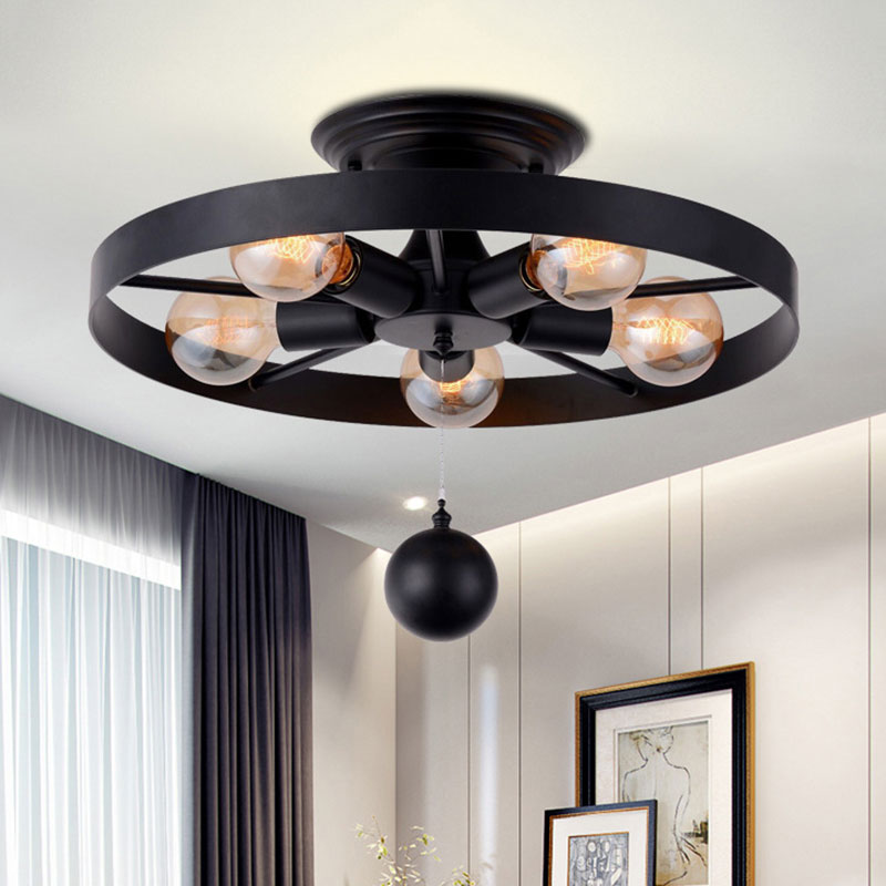 Industrial Style Wheel Semi Flush Light with Ball Decoration 5 Lights Metal Ceiling Light Fixture in Black Clearhalo 'Ceiling Lights' 'Close To Ceiling Lights' 'Close to ceiling' 'Semi-flushmount' Lighting' 161784