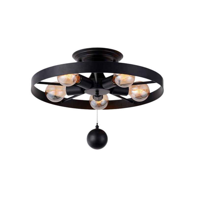 Industrial Style Wheel Semi Flush Light with Ball Decoration 5 Lights Metal Ceiling Light Fixture in Black Clearhalo 'Ceiling Lights' 'Close To Ceiling Lights' 'Close to ceiling' 'Semi-flushmount' Lighting' 161785