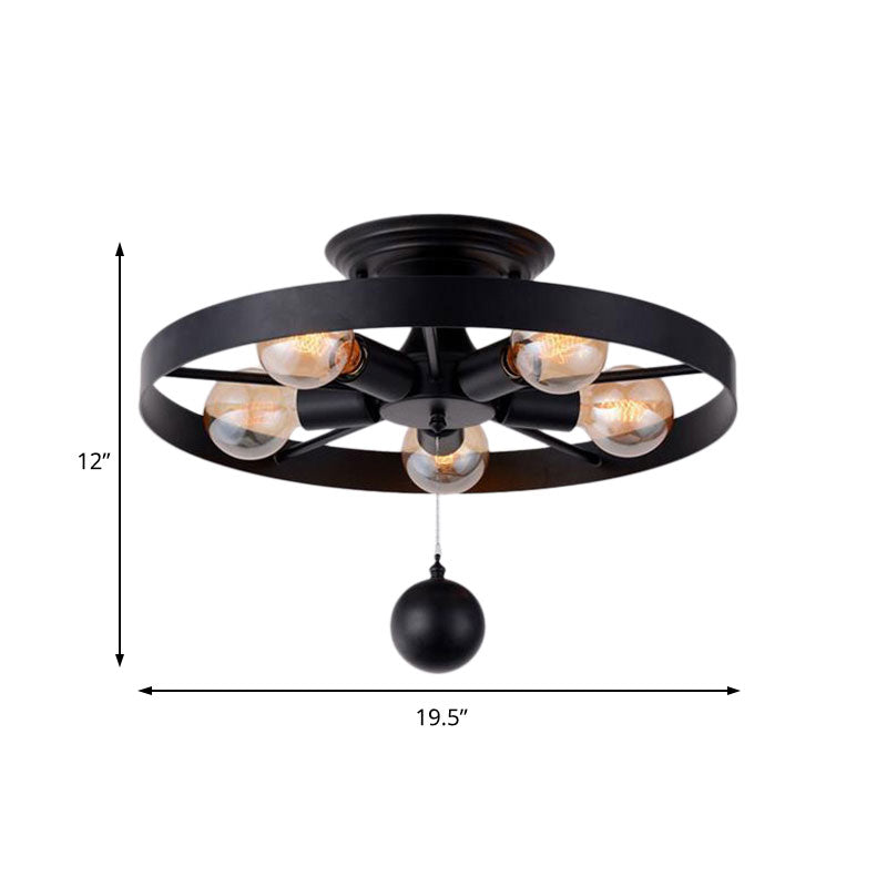 Industrial Style Wheel Semi Flush Light with Ball Decoration 5 Lights Metal Ceiling Light Fixture in Black Clearhalo 'Ceiling Lights' 'Close To Ceiling Lights' 'Close to ceiling' 'Semi-flushmount' Lighting' 161786