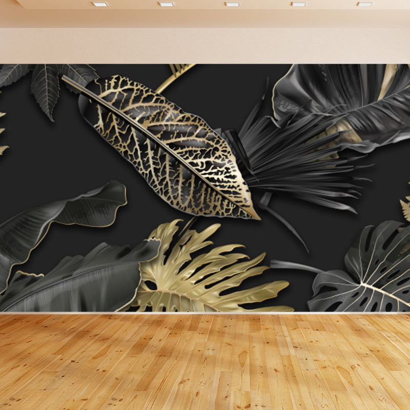 Black Leaves Mural Wallpaper Botanical Tropical Washable Wall Covering for Kitchen Clearhalo 'Wall Decor' 'Wall Mural' 1618434