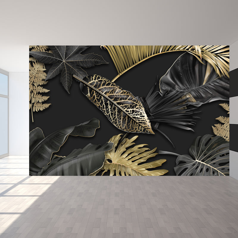 Black Leaves Mural Wallpaper Botanical Tropical Washable Wall Covering for Kitchen Clearhalo 'Wall Decor' 'Wall Mural' 1618435