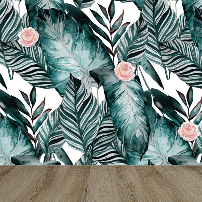 Tropical Leaves Mural Wallpaper Blackish Green Decorative Wall Covering for Bedroom Blackish Green Clearhalo 'Wall Decor' 'Wall Mural' 1618443