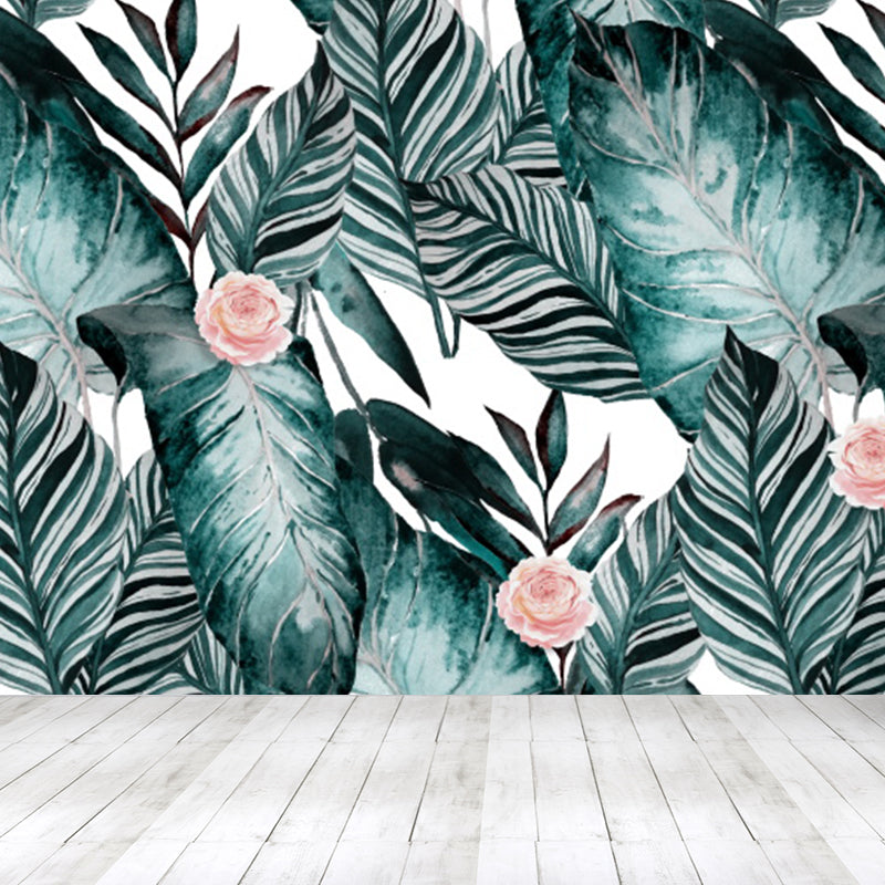 Tropical Leaves Mural Wallpaper Blackish Green Decorative Wall Covering for Bedroom Clearhalo 'Wall Decor' 'Wall Mural' 1618445