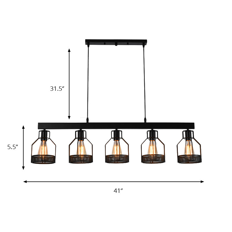 Wire Guard Metal Island Light Vintage Industrial 5 Lights Dining Room Linear Hanging Light Fixture in Black Clearhalo 'Ceiling Lights' 'Island Lights' Lighting' 161876