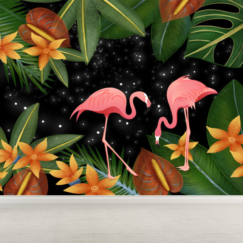 Tropical Flamingos and Leaves Mural Decal Pink Waterproofing Wall Decor for Bathroom Pink Clearhalo 'Wall Decor' 'Wall Mural' 1619286